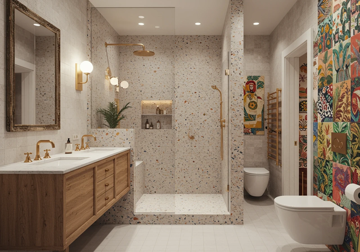 Terrazzo-tiled bathroom with double vanity, glass shower and gold fixtures