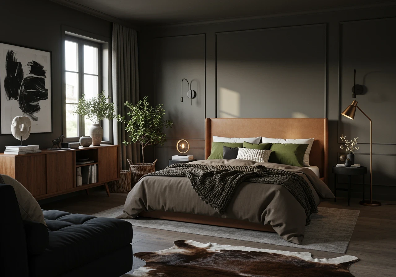 Moody bedroom with leather headboard, sideboard and floor lamp