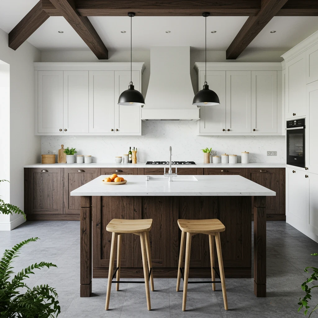 Farmhouse-style kitchen with dark wood island, oak stools and white cabinetry
