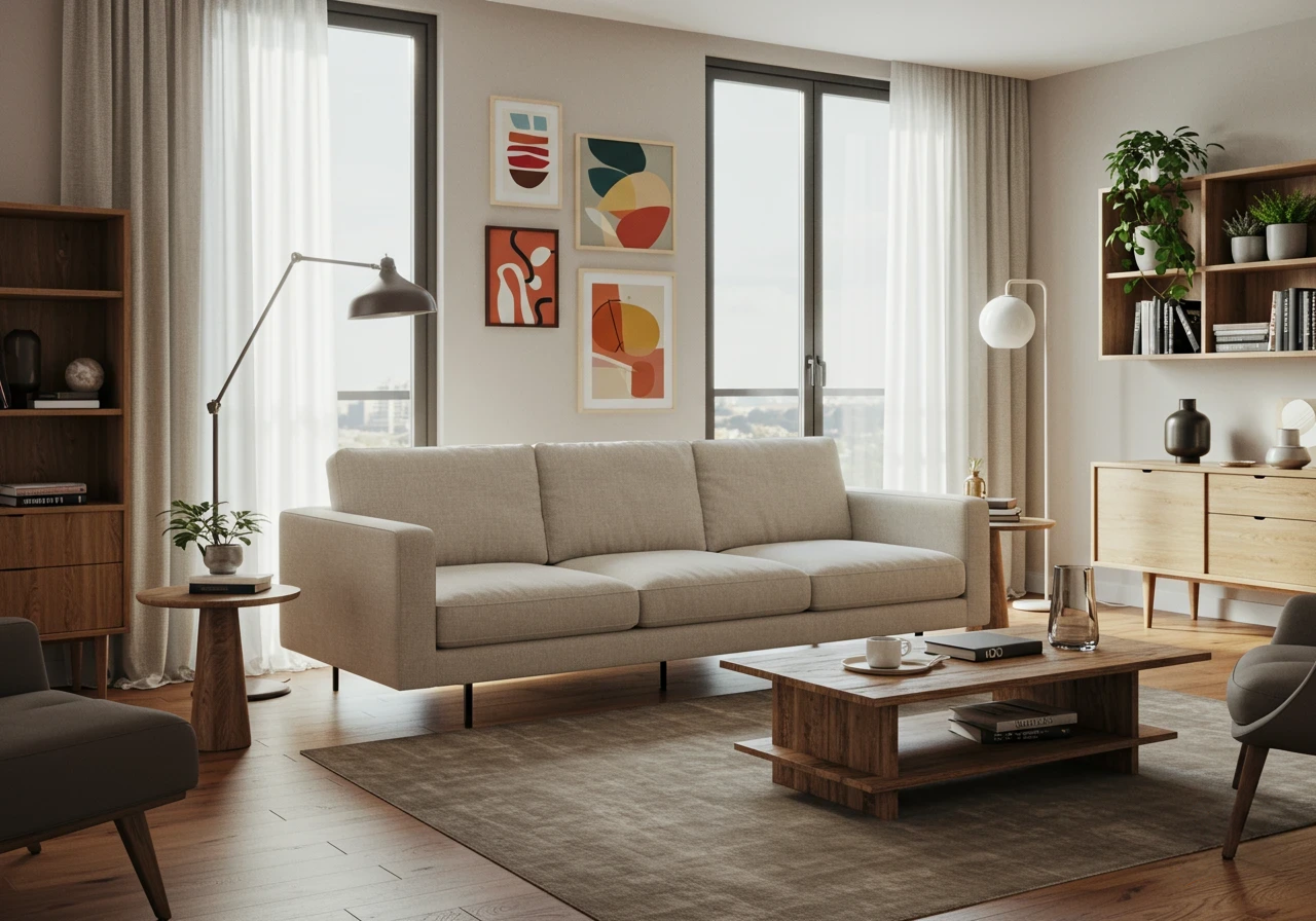 Bright living area with beige sofa, gallery wall and wood floor